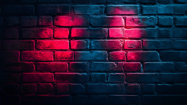 Neon Glow Flickering on Red and Blue Split Raw Brick Wall