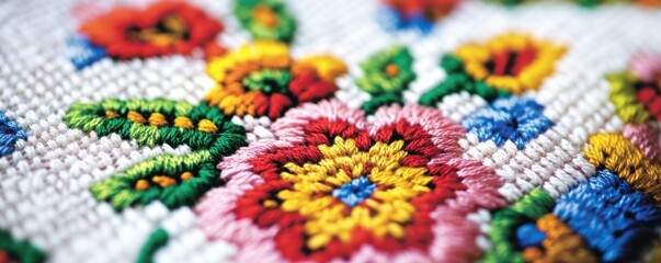 Obraz premium Colorful floral embroidery with intricate stitching on white fabric