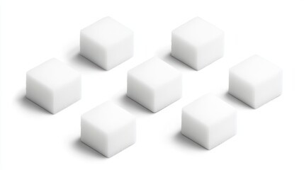 A group of seven white sugar cubes arranged in a visually appealing manner.