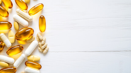 A flat lay of various medicine tablets and capsules in vibrant colors, arranged neatly on a white surface, with copy space. 