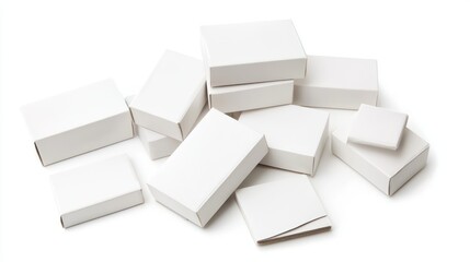 A collection of assorted white boxes in various sizes, likely for packaging or storage.