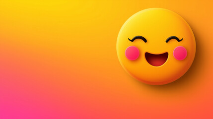 Fototapeta premium A vibrant 3D vector emoji of a smiling face with rosy cheeks, hovering on a clean gradient background, with copy space. Bright even lighting. 