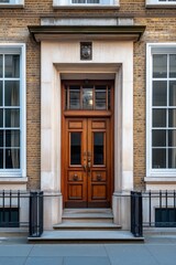 Fototapeta premium Entrance of a historic building featuring elegant wooden doors, surrounded by a well-maintained facade in an urban environment during daylight hours