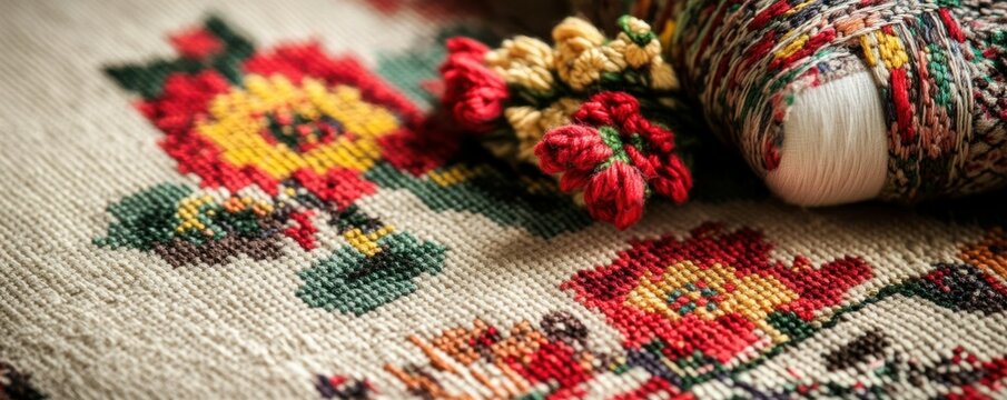 Intricate floral needlepoint canvas with vibrant yarn threads and red yellow patterns