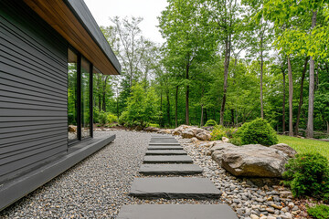 Fototapeta premium A peaceful pathway winds its way through vibrant greenery, leading to a contemporary home nestled in a serene forest environment