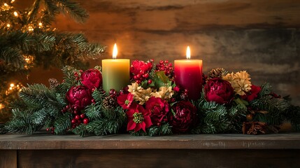 A stunning Advent and Christmas floral arrangement featuring three lit candles rests on a wooden surface, set against a beautifully lit background with ample copy space.