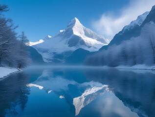 The snow-capped peaks of the Alps reflect perfectly in the crystal-clear surface of a mountain lake
