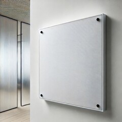 Close-up view of a blank, rectangular sign affixed to a white wall.
