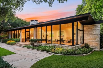 Modern home features expansive glass walls surrounded by lush greenery at sunset, showcasing contemporary architecture in a serene neighborhood
