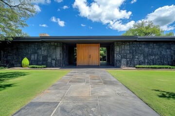 Fototapeta premium Modern architectural design contrasts with natural landscape at a serene residence featuring stone walls and manicured greenery under a bright blue sky