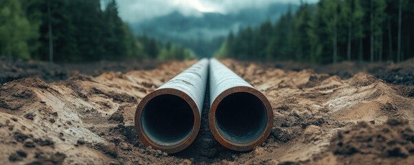 Two large pipes lie on a dirt path surrounded by dense trees and mountains, under a moody sky, suggesting a construction or infrastructure scene.