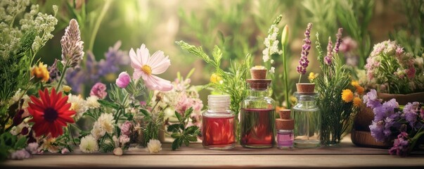 Fototapeta premium Aromatherapy bottles among vibrant wildflowers and herbs in sunlit garden