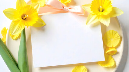 Obraz premium Stylish and minimalistic Easter or spring card template with a soft pink ribbon, arranged with fresh yellow flowers, suitable for holiday menus, greeting cards, and special occasions. Selective focus