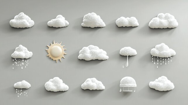 A collection of weather icons, including sun, clouds, and rain, in minimalist style.