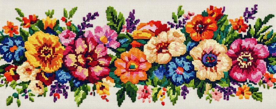Vibrant needlepoint floral tapestry with colorful blooms and greenery