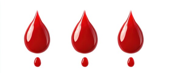 Fototapeta premium Three red droplets resembling blood on a white background.