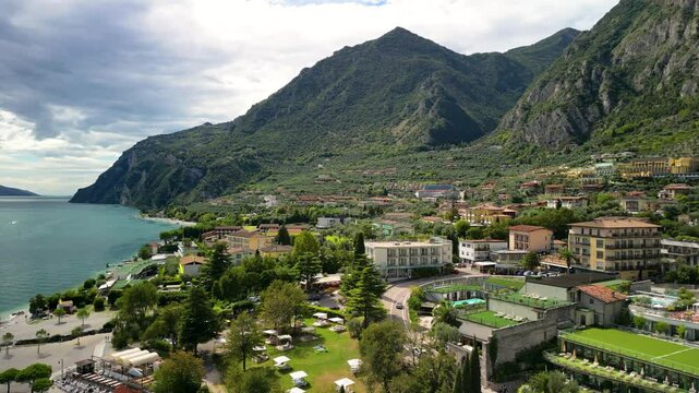 Aerial panoramic view of Lake Garda and the town of Limone sul Garda, Italy.