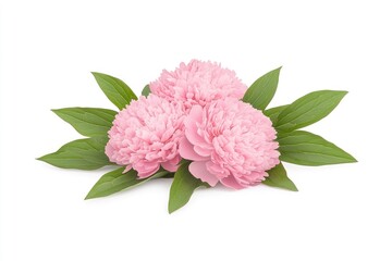 Beautiful arrangement of pink peonies with lush green leaves on a clean white background, ideal for floral designs