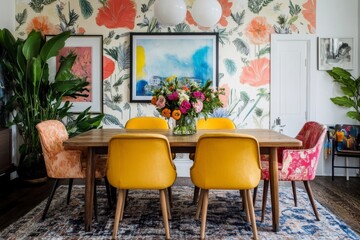 Obraz premium Modern Dining Room Design with Colorful Flowers and Unique Chairs
