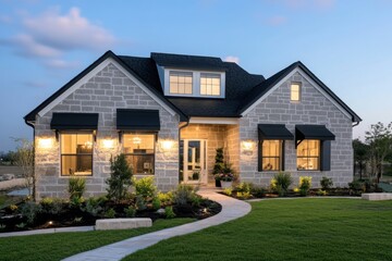 At dusk, this elegant modern stone house comes to life, beautifully illuminated by cozy lighting, while its meticulously landscaped garden enhances the captivating architecture
