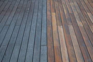 Comparison of weathered and newly finished wood decking