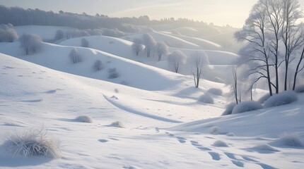 Obraz premium A picturesque winter scene featuring rolling hills blanketed in snow, with a few delicate footprints left in the untouched white surface.