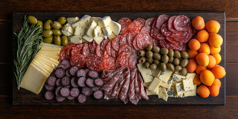 Gourmet charcuterie board preparation rustic dining table food photography warm indoor setting overhead view culinary artistry