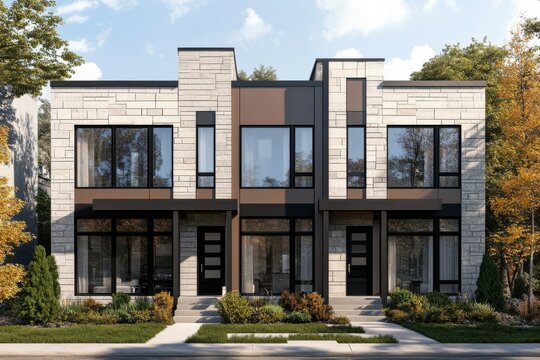 Modern duplex residential building with large windows and landscaped front yard in a suburban neighborhood during bright daylight