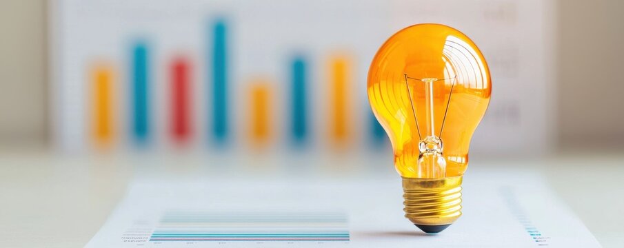 A bright orange light bulb sits on a document, with colorful bar graphs in the background, symbolizing ideas and innovation in business.