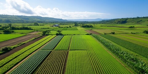 Fototapeta premium A bird’s-eye view of a farm showing distinct sections of crops in different stages of growth