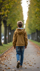 Obraz premium A teenager wearing a lightweight jacket made from organic hemp walks alone on a tree-lined sidewalk surrounded by fallen leaves in autumn