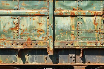 Photo of Side view of rust metal wall of railway wagon side part. Background texture for backdrops or mapping
