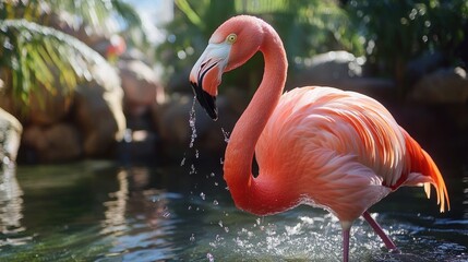Flamingo drinks water splashing droplets around it