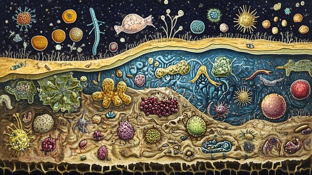 Depiction of symbiotic relationships showcasing mutualism and parasitism in microbial communities