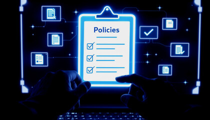 Businessperson reviewing company policies on a laptop at night.