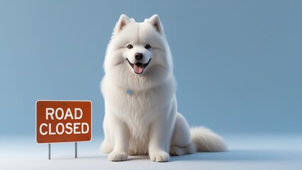A fluffy white dog sits beside a "Road Closed" sign against a soft blue background, exuding a friendly and approachable vibe.