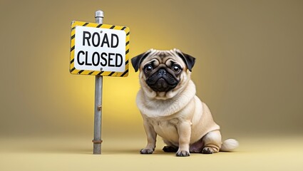 A cute pug sits beside a "Road Closed" sign, presenting a whimsical and humorous scene against a yellow background.