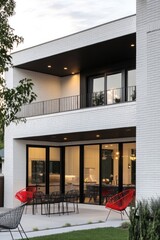 Obraz premium A contemporary home featuring an outdoor dining space and chic seating arrangements creates a cozy atmosphere as dusk falls in the suburban neighborhood