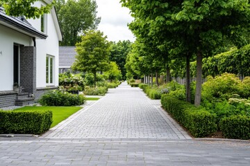 A peaceful residential street, beautifully adorned with trees and meticulously maintained gardens, provides a serene view on a cloudy day in the heart of a suburban neighborhood