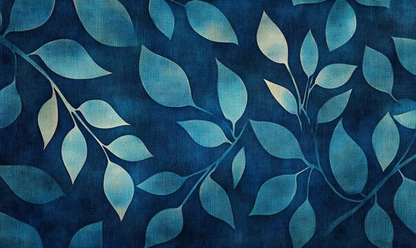 Leafy blue design on a fabric texture.