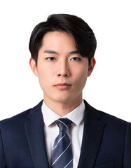 ダークスーツを着た若い男性の証明写真。白背景