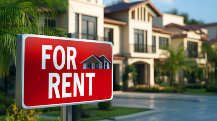 Red "For rent" sign in front of modern home with an attractive exterior located in a quiet location. Real Estate concept
