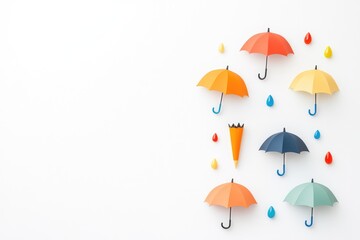 Obraz premium Colorful paper umbrellas with raindrops arranged on a white background, symbolizing weather and creativity