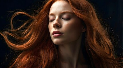 Obraz premium Portrait of closed eyes attractive sensual woman with flowing red hair on dark black background - capture female graceful dynamic movement - model showcases her beautiful long hair