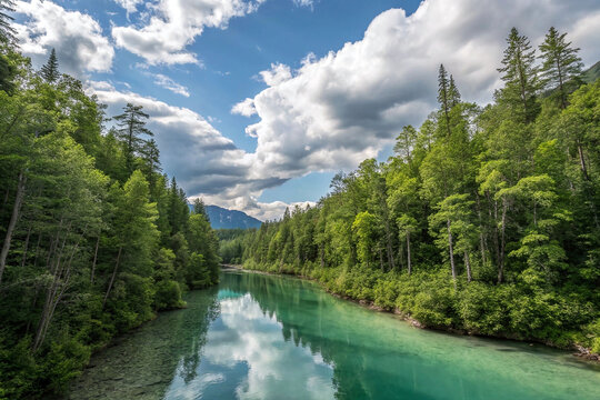 Serene river flowing through lush green forest under a partly cloudy sky.