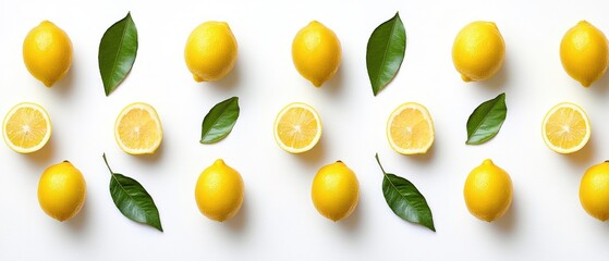 A flat lay of whole and halved lemons with green leaves on a white background.