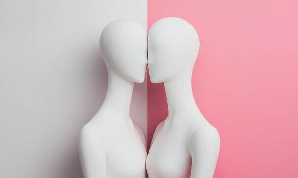 Two Mannequins Embrace: Two white mannequins face each other against a split background of pale gray and blush pink, their heads almost touching in a visually striking and subtly suggestive pose.
