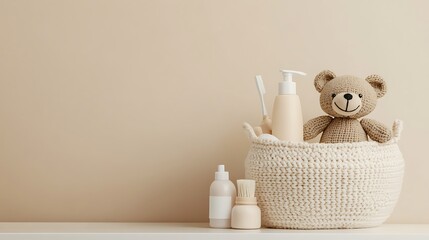 A baby shower decor layout incorporating various children's toys, including a teddy bear, framed by a light-toned wall.