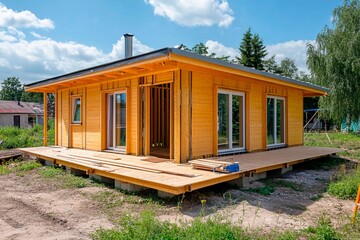 Modern wooden house stands out in a sunny outdoor setting near lush greenery