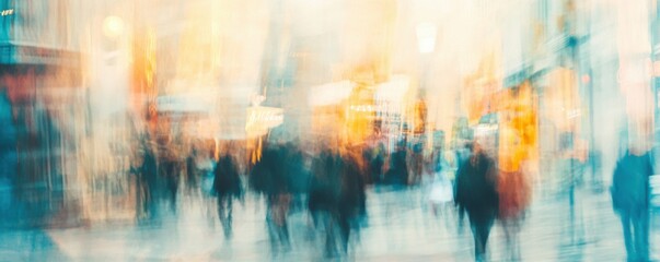 Fototapeta premium Abstract urban scene with blurred figures and bright lights